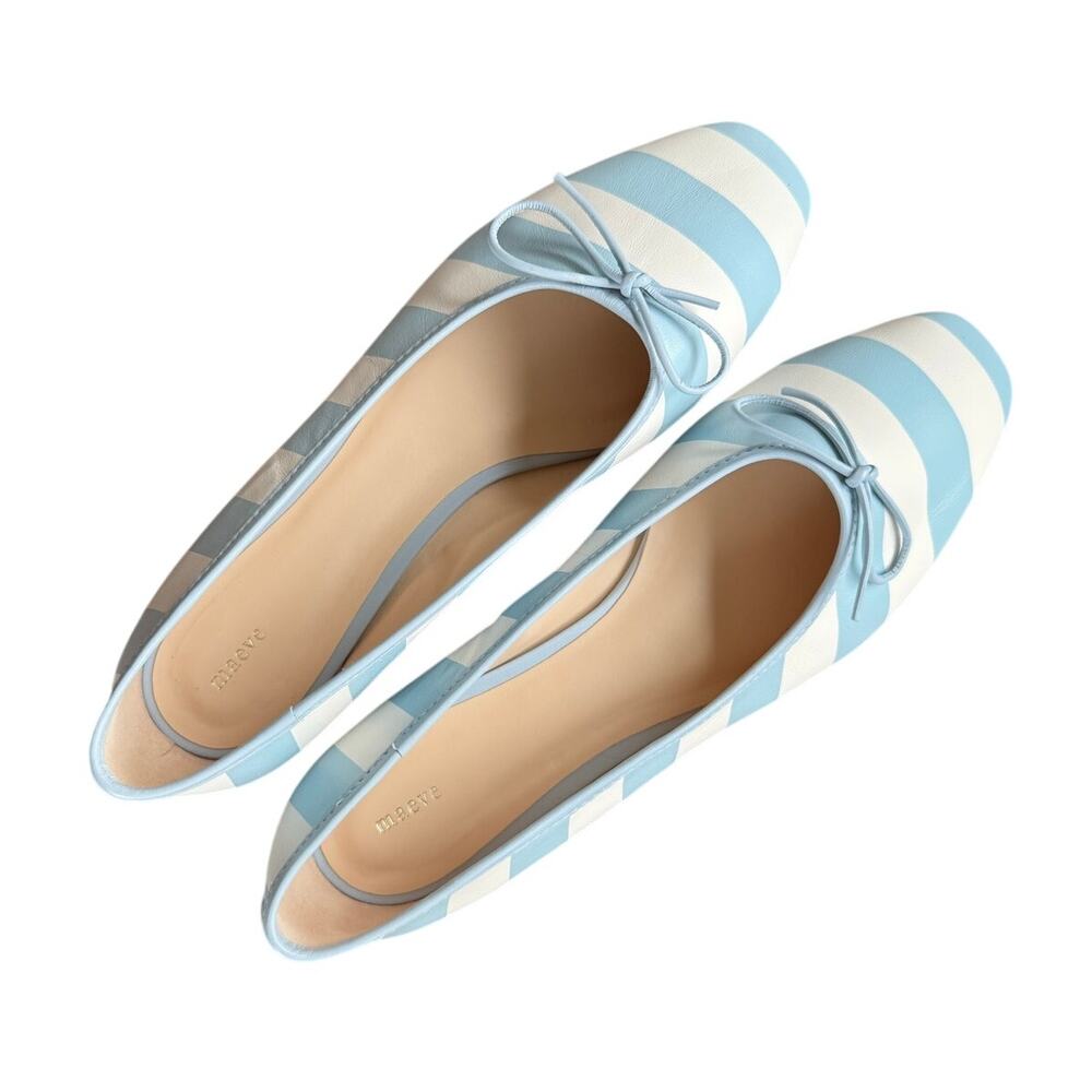 Anthropologie Maeve Square-Toe Ballet Flats in Blue White Stripe Size 8 Leather